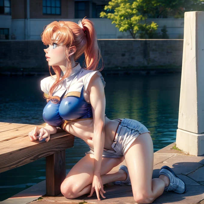 (masterpiece), anime, highest quality, Excellent anatomy, One Girl, On my knees, Big Breasts, Realistic Face, Gloomy face, Blonde Hair, Filmography, blue eyes, Ponytail Hair , Red hairpin, White shorts, Blue Top, belly button, Sleeveless, White Running Shoes, Hidden Breasts, Hidden neck, Gym
