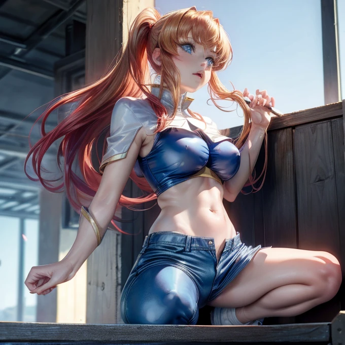 (masterpiece), anime, highest quality, Excellent anatomy, One Girl, On my knees,  Big Breasts, Realistic Face, Gloomy face, Blonde Hair, Filmography, blue eyes, Ponytail Hair , Red hairpin, White shorts, Blue Top, belly button, Sleeveless, White Running Shoes, Hidden Breasts, Hidden neck, Gym