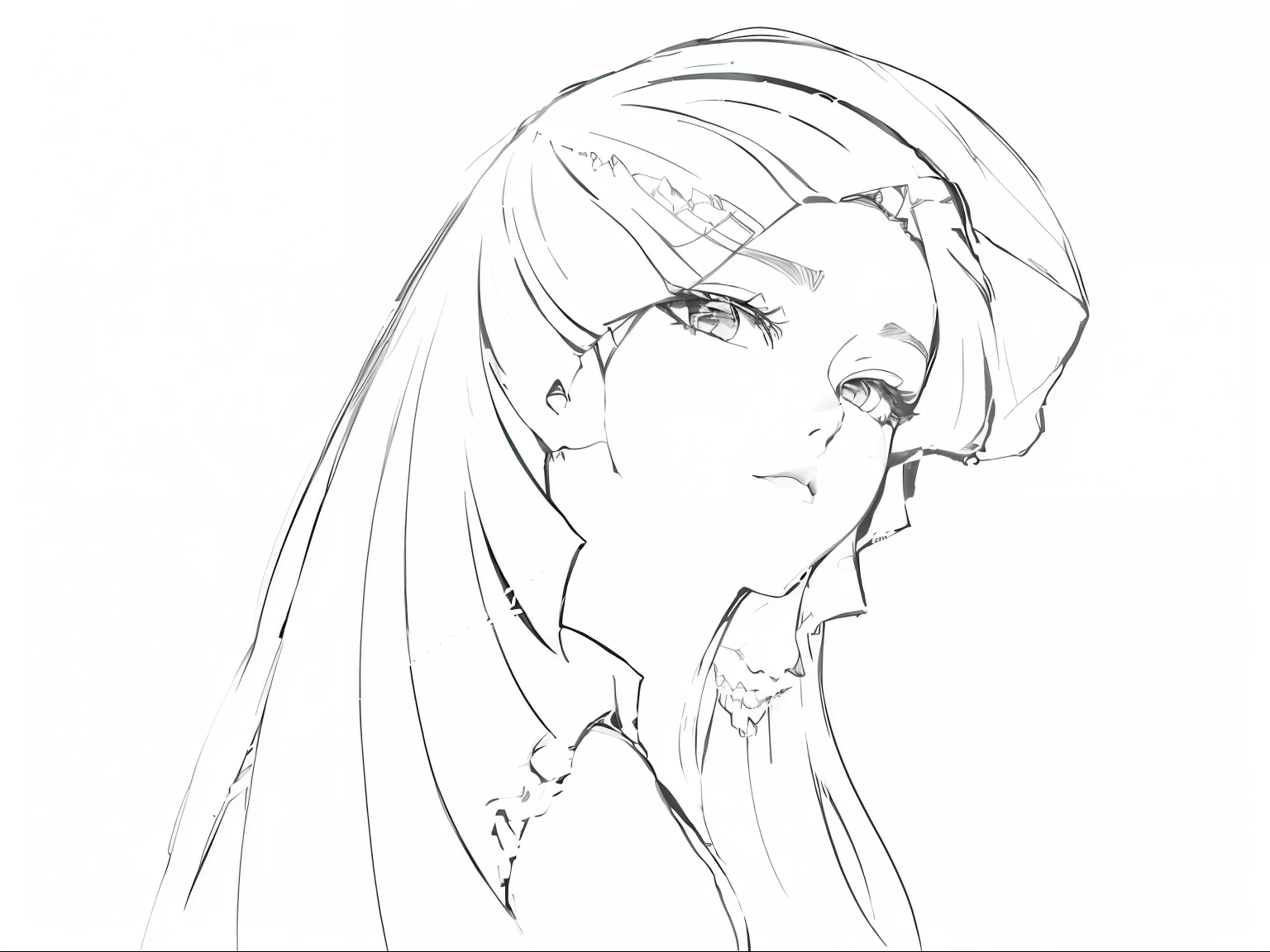 Drawing of a woman with long hair and a veil, โครงanime figureที่สะอาดตา, anime shading), intense line art, perfect line art, anime shading, flat anime style shading, clean line art, anime figure, simple line art, sketch art style, line art!!, outline!!, line art, outline, anime style drawing, thick line art, thick line art