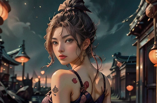 (Ukiyo-e:1.9)、woodblock print、woodblock print、otherscape、SF、Space Opera、(A love story between a beautiful woman and a wild, handsome man with a topknot:1.5)、Purple clouds gather、Detailed face、Beautiful Eyes、Elegant garments、Intricate floral pattern、Delicate skin、Natural light、A calming color palette、Soft Focus、masterpiece、skimpy leather costume、spaceship、alien、night、mynatalee woman