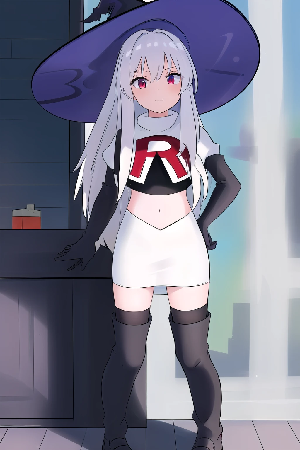 best quality, highly detailed, masterpiece, ultra-detailed, witch_hat, hat, 1girl, long_hair, solo, team rocket,team rocket uniform,white skirt,red letter R,crop top,black thigh-highs,black elbow gloves,looking_at_viewer, witch,