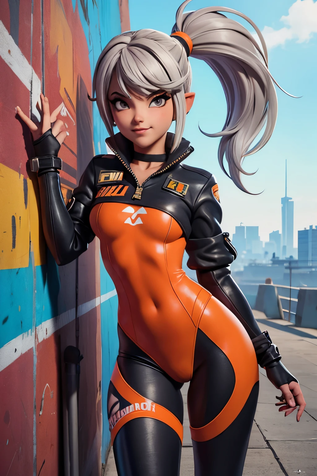 vidia, tracer, y'shtola rhul,yorha 2b,Supervision,nier automata,piloto mecha,pista escolar,tatuajes,plugsuit naranja y rosa,top blanco de lycra manga corta,leggins cargo blancos,vientre descubierto,cabello corto,maquillaje punk,ojos verdes,cabello plateado multicolor,sonrisa sexy,pecas,hermosa chica,Pechos grandes,8K,ultra detallado,realista,fantasy art,uniforme militar,perforaciones en las orejas,traje deportivo,chica saiyajin,sudadera deportiva de manga corta,arte de la pared de graffiti,correr,collar de etiqueta de perro,cuerpo mojado, ponytail, bodysuit naranja, ajustado, cameltoe, muy mojada