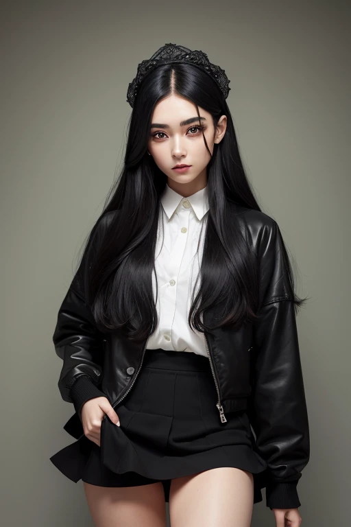 A woman with long, black, beautiful hair. Green eye. Beautiful eyebrows. Small and beautiful nose. Beautiful and gentle red healing makeup. White shirt and black jacket. A black skirt hanging below the legs. Cute hair accessories
