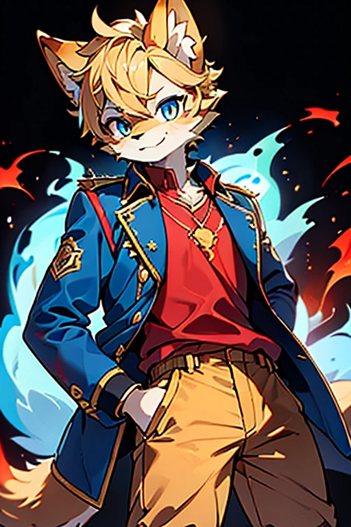 ( Absurdly , High quality , ultra detailed ) ,( hand detailed ) , 1boy, solo, , absurdres(highly detailed beautiful face and eyes)perfect anatomy, (Male yellow-gold wolf), (((lean-body))) ((thin body)) (fit), (dark-blue eyes, (adventure, fantasy type clothing ((red-shirt, blue jacket, khaki pants))) (lighter chest fur), intense eyes, small smile, controlling blue fire, dark blue fire, gold fur, gold hair, controlling blue flames, his hair is blond, his fur is blond