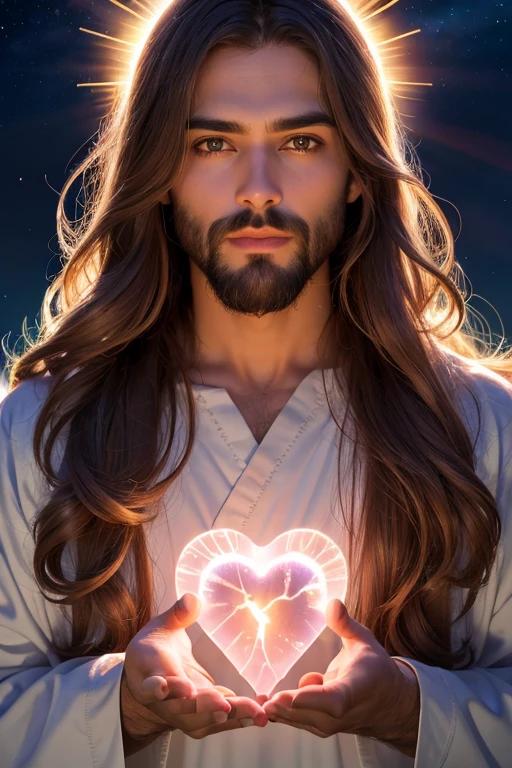 Jesus Cristo, Showing the heart, Holy Moment of Revelation, Nuvens celestiais, cara bonita, Pele rosa, luz solar do solo, cinematic light, cabelos longos, homem bonito, olhos bonitos, cabelo castanho, anatomia perfeita, muito fofo, prince eyes, (olhos de mel), Imagem centralizada, Estilizado, bioluminescence, tamanho real 8, 8k resolution