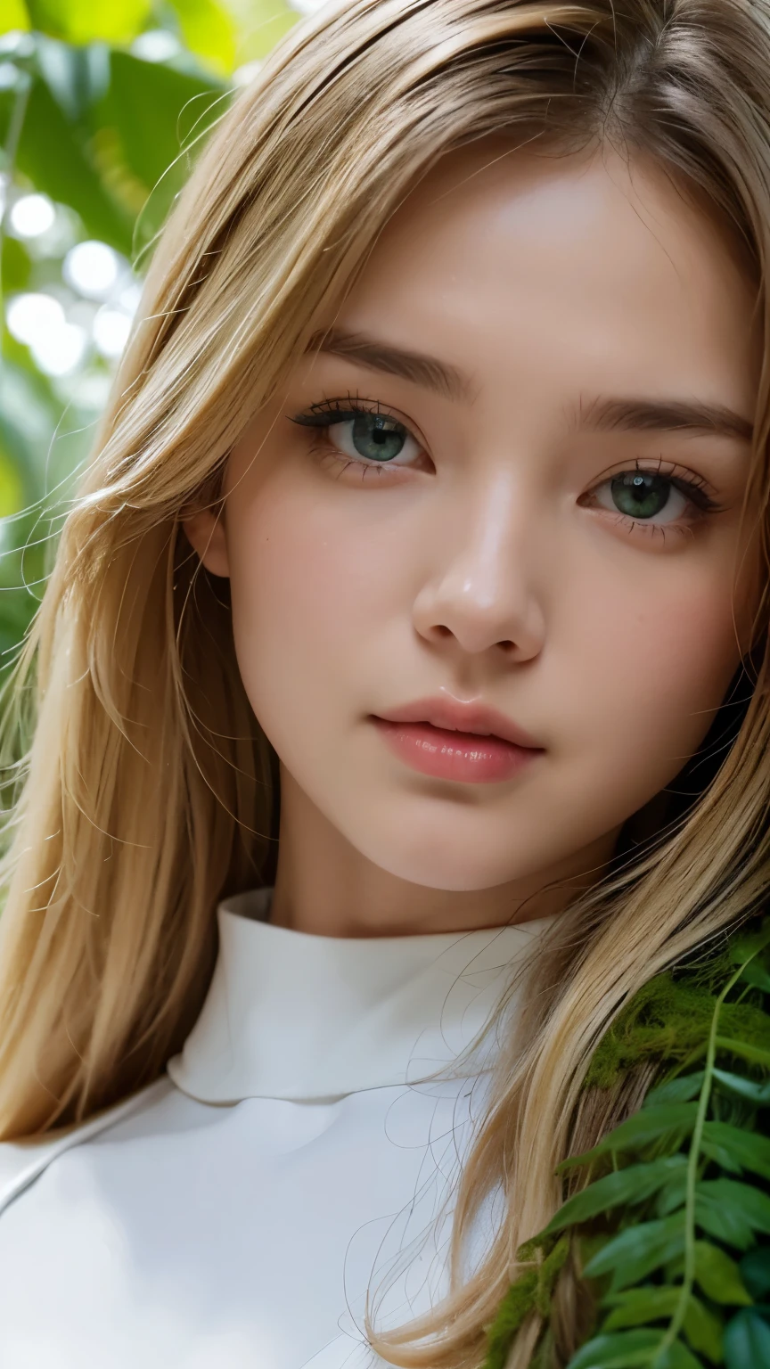 Strong light, Strong contrast, In an open-roofed cave、Sunlight shines through green moss and ferns。, And open( Ocean View:1.1) end, Cel-shaded rendering, 4K, 360 degrees, Equirectangular projection, what, One Girl, 30-year-old woman､Beautiful woman､Long Blonde Hair､White Latex Leotard､White long boots､White arm covers､masterpiece, 最high quality, high quality, High resolution, (((Face close-up)))、、Cleavage