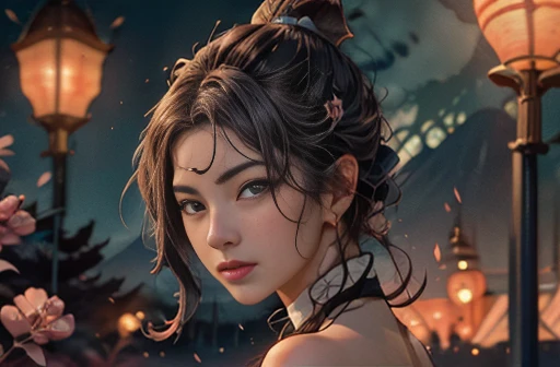 (Ukiyo-e:1.9)、woodblock print、woodblock print、otherscape、SF、Space Opera、(A love story between a beautiful woman and a wild, handsome man with a topknot:1.5)、Purple clouds gather、Detailed face、Beautiful Eyes、Elegant garments、Intricate floral pattern、Delicate skin、Natural light、A calming color palette、Soft Focus、masterpiece、skimpy leather costume、spaceship、alien、night、mynatalee woman
