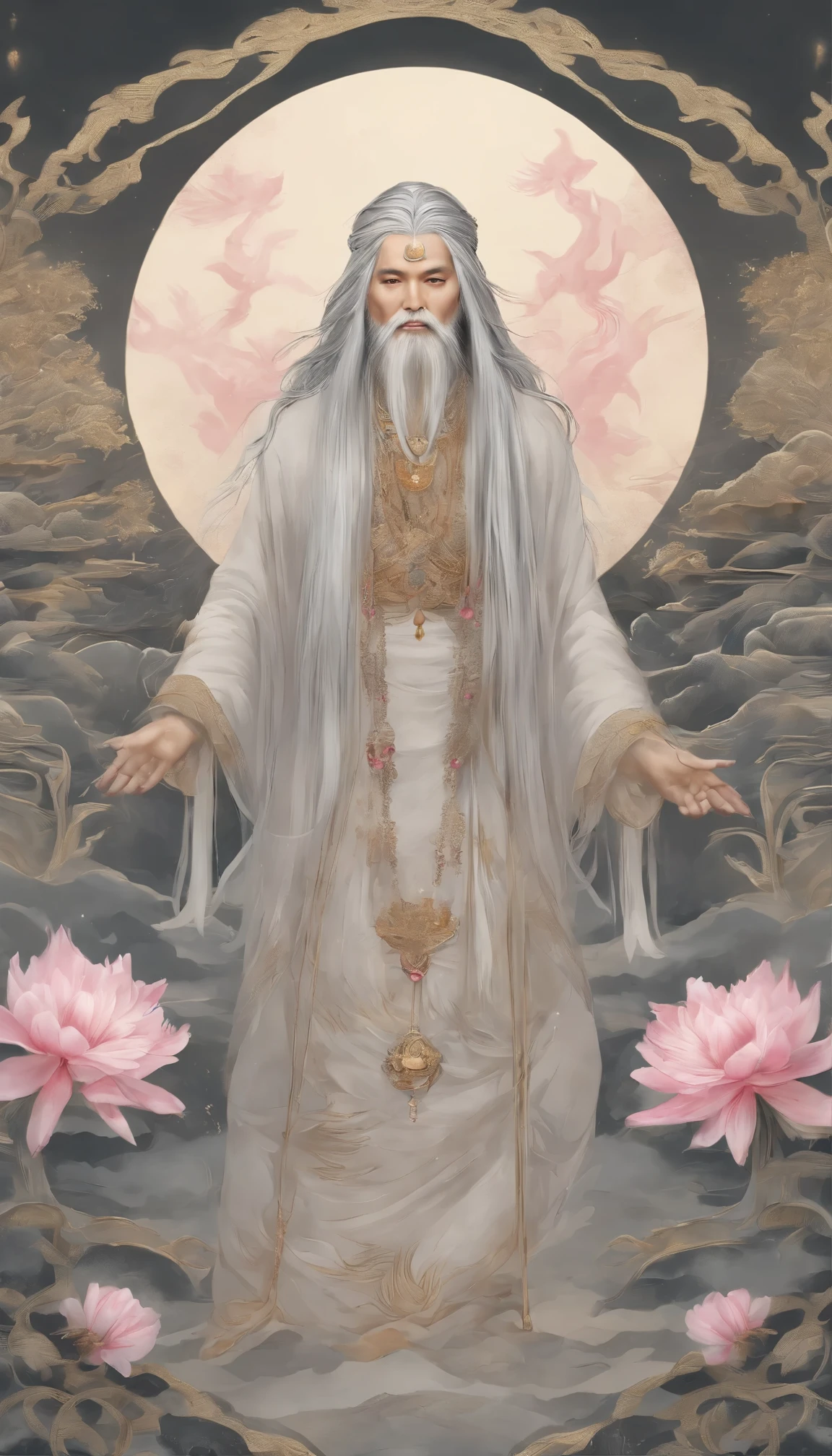 A masterpiece of traditional ink painting、Shining gold in the center、Her long grey hair fluttering、It depicts a wise man adorned with piercing, captivating pink eyes.。This multifaceted man、Showing a mysterious presence、Boasting multiple hands and faces、Each carries the weight of ancient wisdom and the power of enhanced perception.。This composition is、Completed under mostly cloudy and quiet skies.、It suggests a connection between the wise man and the universe.。This work、Rendered with intricate detail and sophisticated technique、Showcasing the beauty of ink artistry in impeccable 8K ultra-high definition