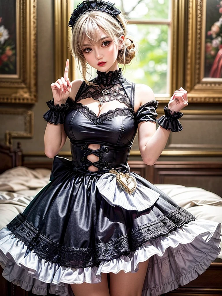 (8K, Photorealistic, Raw photo, of the highest quality: 1.3), (1girl in), Super beautiful, (Realistic face), (boyish, Silver Color Berry Shorthair), Beautiful , Glare that captivates the viewer, Beautiful expression, Beautiful breasts, (Realistic skin), Be...Super high quality, super high definition, super detailed, masterpiece, 20years old, female, cute, perfect face, beautiful, nice body, gothic lolita clothes, gothic lolita fashion, frilly skirt, headdress, necklace, bracelet, knee-high socks, boots, double eyelids, tear bags, Detailed down to the fingers, photo-like description, indoors, dim indoor lighting, blonde hair, pony tail, standing, whole body, composition that shows the whole body, smiling