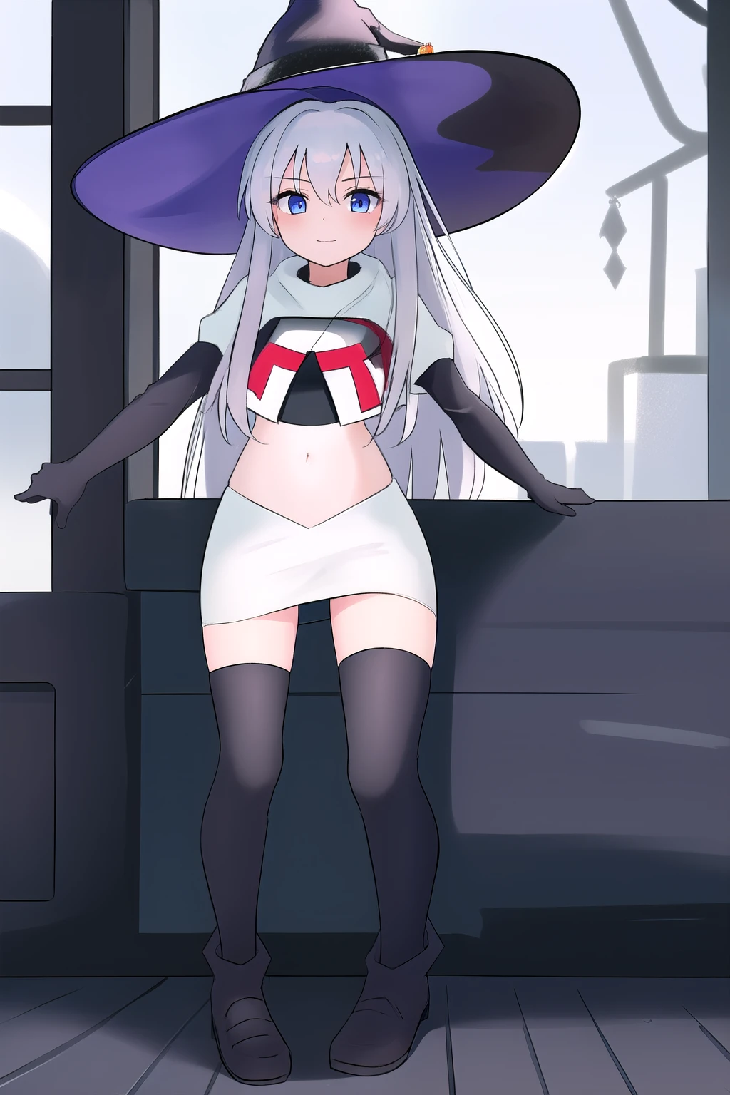 best quality, highly detailed, masterpiece, ultra-detailed, witch_hat, hat, 1girl, long_hair, solo, team rocket,team rocket uniform,white skirt,red letter R,crop top,black thigh-highs,black elbow gloves,looking_at_viewer, witch,