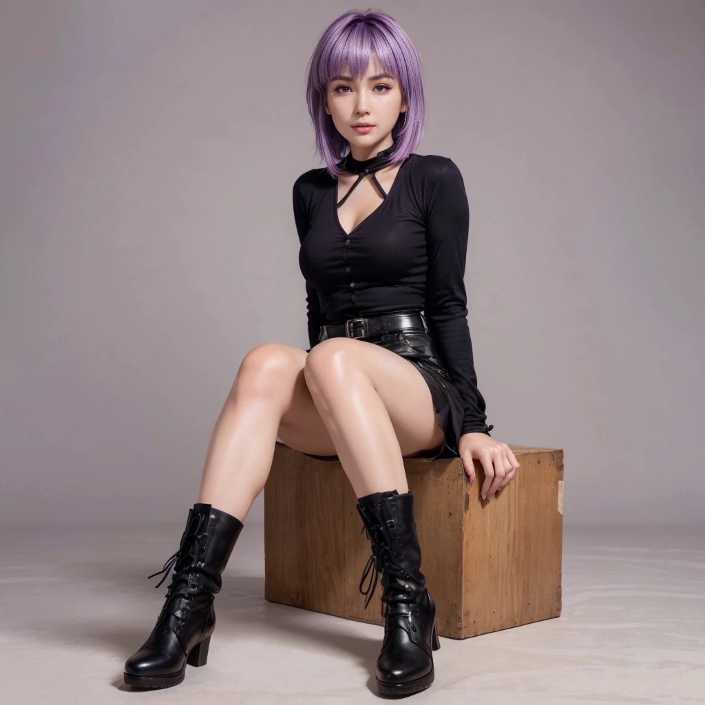 Ayane, purple hair, (best quality, ultra-detailed), (realistic:1.37), beautiful and detailed face, ultra-realistic texture, delicate face, delicate body, red lipstick, bright colors. High definition, 8K, well defined legs