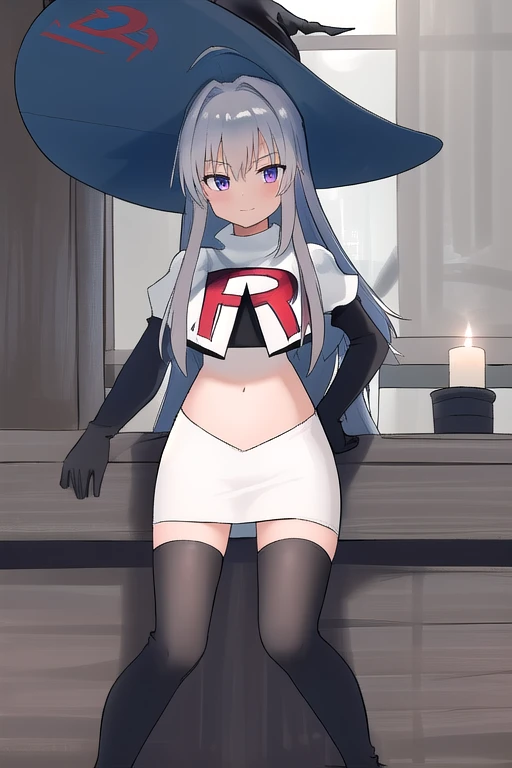 best quality, highly detailed, masterpiece, ultra-detailed, witch_hat, hat, 1girl, long_hair, solo, team rocket,team rocket uniform,white skirt,red letter R,crop top,black thigh-highs,black elbow gloves,looking_at_viewer, witch,