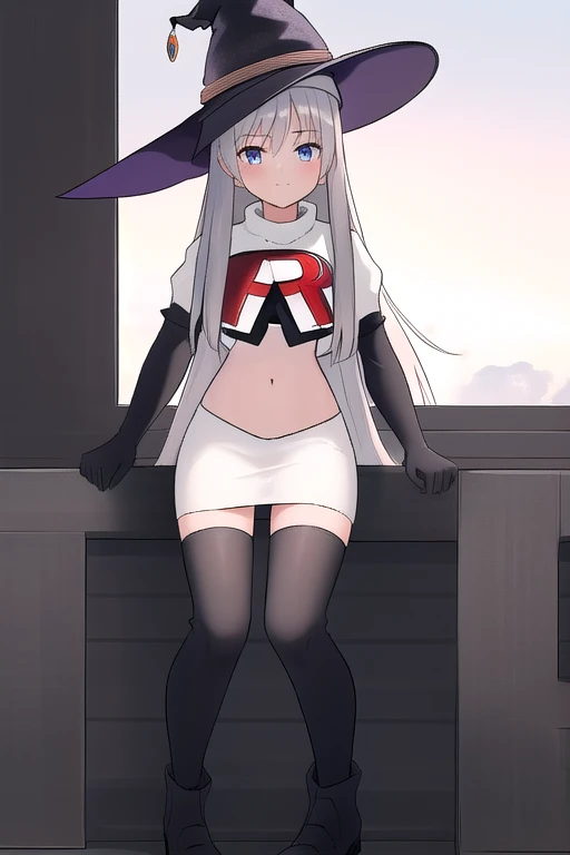 best quality, highly detailed, masterpiece, ultra-detailed, witch_hat, hat, 1girl, long_hair, solo, team rocket,team rocket uniform,white skirt,red letter R,crop top,black thigh-highs,black elbow gloves,looking_at_viewer, witch,