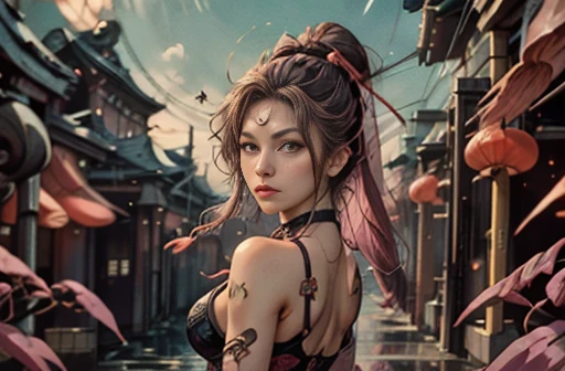 (Ukiyo-e:1.9)、woodblock print、woodblock print、otherscape、SF、Space Opera、(A shootout between a beautiful woman and space gangsters:1.5)、Purple clouds gather、Detailed face、Beautiful Eyes、Elegant garments、Intricate floral pattern、Delicate skin、Natural light、A calming color palette、Soft Focus、masterpiece、skimpy leather costume、spaceship、alien、night、mynatalee woman