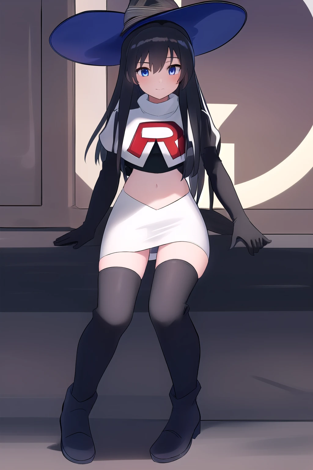 best quality, highly detailed, masterpiece, ultra-detailed, witch_hat, hat, 1girl, long_hair, solo, team rocket,team rocket uniform,white skirt,red letter R,crop top,black thigh-highs,black elbow gloves,looking_at_viewer, witch,