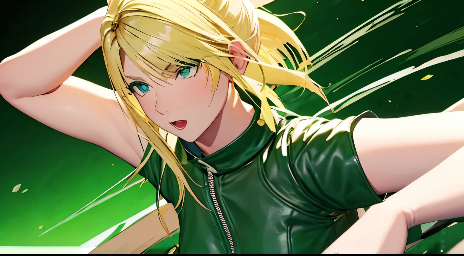 blonde、amount、Green Leather Shirt、
