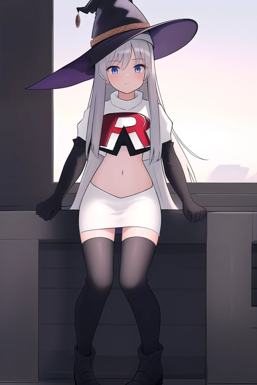best quality, highly detailed, masterpiece, ultra-detailed, witch_hat, hat, 1girl, long_hair, solo, team rocket,team rocket uniform,white skirt,red letter R,crop top,black thigh-highs,black elbow gloves,looking_at_viewer, witch,