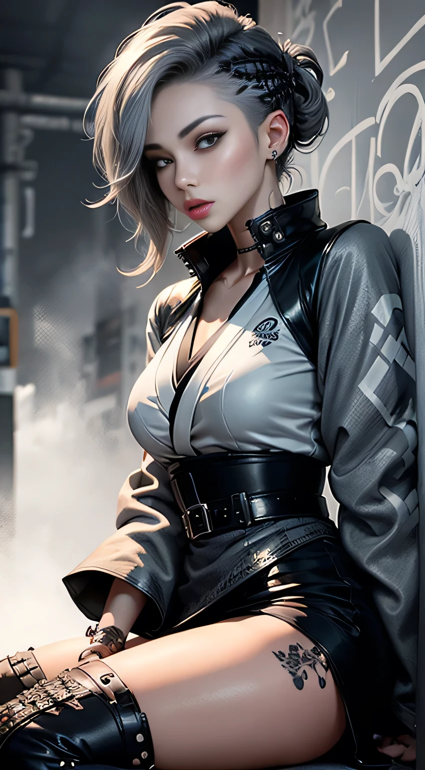 sfw, (Realistic:1.3), (official art), (gorgeous, elegant, luxury), (beautiful still life painting art), ultra detailed, beautiful, masterpiece, best quality, _ BREAK (1girl:1.2), 22 years old, 160 cm, Japanese cute model, Tightened all body, medium Breasts, small head, small face, diamond Face, small nose, Sharp Faceline, young hands and fingers, beautiful hands and fingers, five fingers, _ BREAK (Glossy Lips:1.3), (Light color lips, Half open mouth, beautiful Teeth:1.2), (dropy eyes, Double eyelid, Blue eyes:1.), _ BREAK (punk arranged hairstyle:1.3),(hairstyle with complicated decorations:1.3), (gray hair:1.3), _ BREAK (White and black theme:1.3), (futuristic white background), (blurry background, Fog, mist:1.7), _ BREAK (wide angle:1.7), random pose, _ BREAK(White and black theme:1.4), (Geometric pattern print:1.4),(fusion of traditional High collar kimono and punk elements:1.4), (black leather jacket with white silk kimono:1.2), (silver studded details on kimono:1.2), (punk-inspired accessories, black Leather thigh belt:1.4), _ BREAK (punk-style boots:1.2), _ BREAK (Cityscape background:1.2), (White and black graffiti-covered walls:1.4), _ BREAK (Confident sitting pose:1.2),、 wearing bra,((skinny waist)), young asian girl, ((big breasted)),