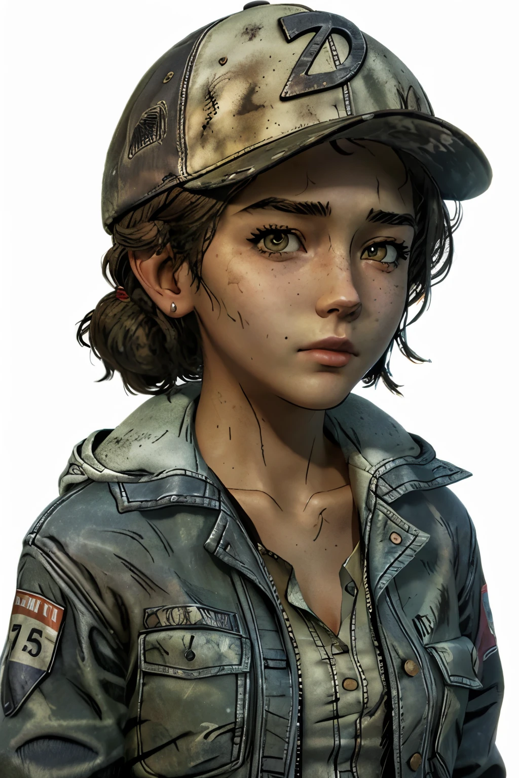 (masterpiece, best quality)
1girl, ClemTWD, solo, jacket, brown hair, hat, brown eyes, freckles, dirty, looking at viewer, shirt, short hair, gloves, baseball cap, the walking dead game style, blank white background
