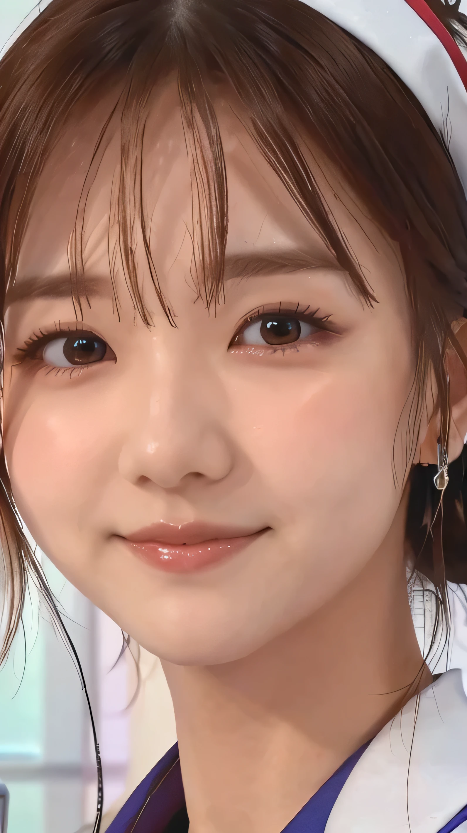 (Photorealistic:1.4, 8k), highest quality, masterpiece, Ultra-high resolution, Perfect dynamic composition, Big Face、Round face、((Light brown hair:1.4、Hair Bun))、Highly detailed skin and facial textures:1.3, Limb details, 1 girl, Cute and sexy 30 year old Japanese woman, (Sunburned skin:1.2), ((Totally captivates you:0.9)), ((Nurse Costume, Nurse cap)),Mid-chest, (avert your eyes、Beautiful Eyes, black eye, Beautiful erotic eyes:0.85), Sexy Face:0.4, (Mouth closed、Small Mouth、Thick lips、A taste of beautiful eroticism:0.85), ((Too cute beauty:0.9))、Natural Makeup、((Extreme close up))