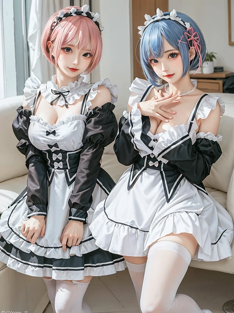 Accurate depiction with high resolution,(8K, Photorealistic, Raw photo, of the highest quality: 1.3), (1girl in), Super beautiful, (Realistic face), (boyish, pink Color Berry Shorthair), Beautiful , Glare that captivates the viewer, Beautiful expression, Beautiful breasts, (Realistic skin), Be...Create a detailed and colorful image of Ram and Rem from Re:Zero, standing back-to-back in their maid outfits, with a magical fantasy background、14years old, two girls,cute, perfect face, beautiful, nice body, gothic lolita clothes, gothic lolita fashion, frilly skirt, headdress, necklace, bracelet, knee-high socks, boots, double eyelids, tear bags, Detailed down to the fingers, photo-like description, indoors, dim indoor lighting, one girl is pink hair and short bob, another girl is light blue hair and short bob,standing,whole body, composition that shows the whole body, smiling,The Both of them are wearing the same type of maid outfit,Optimal ratio of 4 fingers and 1 thumb,walking