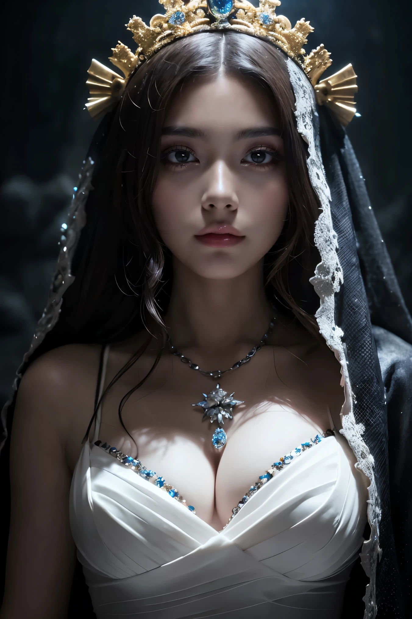 (highest quality、Tabletop、8k、Best image quality、Award-winning works)、The Princess Imprisoned in the Dungeon、(The most luxurious and extravagant pure white princess dress:1.3)、(The most extravagant and luxurious giant tiara:1.1)、(The most extravagant and luxurious giant necklace:1.1)、Elegant decoration、Diamond Decoration、A dress adorned with lots of jewels、Spooky atmosphere、A messy and creepy prison、Creepy and cramped dungeons、Many torture instruments in the background、There are horrific torture devices in the background.、Spooky atmosphere、(A dark and narrow stone-paved dungeon:1.1)、(Background of cracked and rough cobblestones:1.1)、Perfectly reproduces the texture of craggy cobblestones、Cobblestones々New Prison、The texture of the craggy cobblestones is depicted in detail、The most realistic and complex backgrounds、Highly detailed and realistic backgrounds、Dark and creepy dungeon、Face close-up、Indirect lighting only