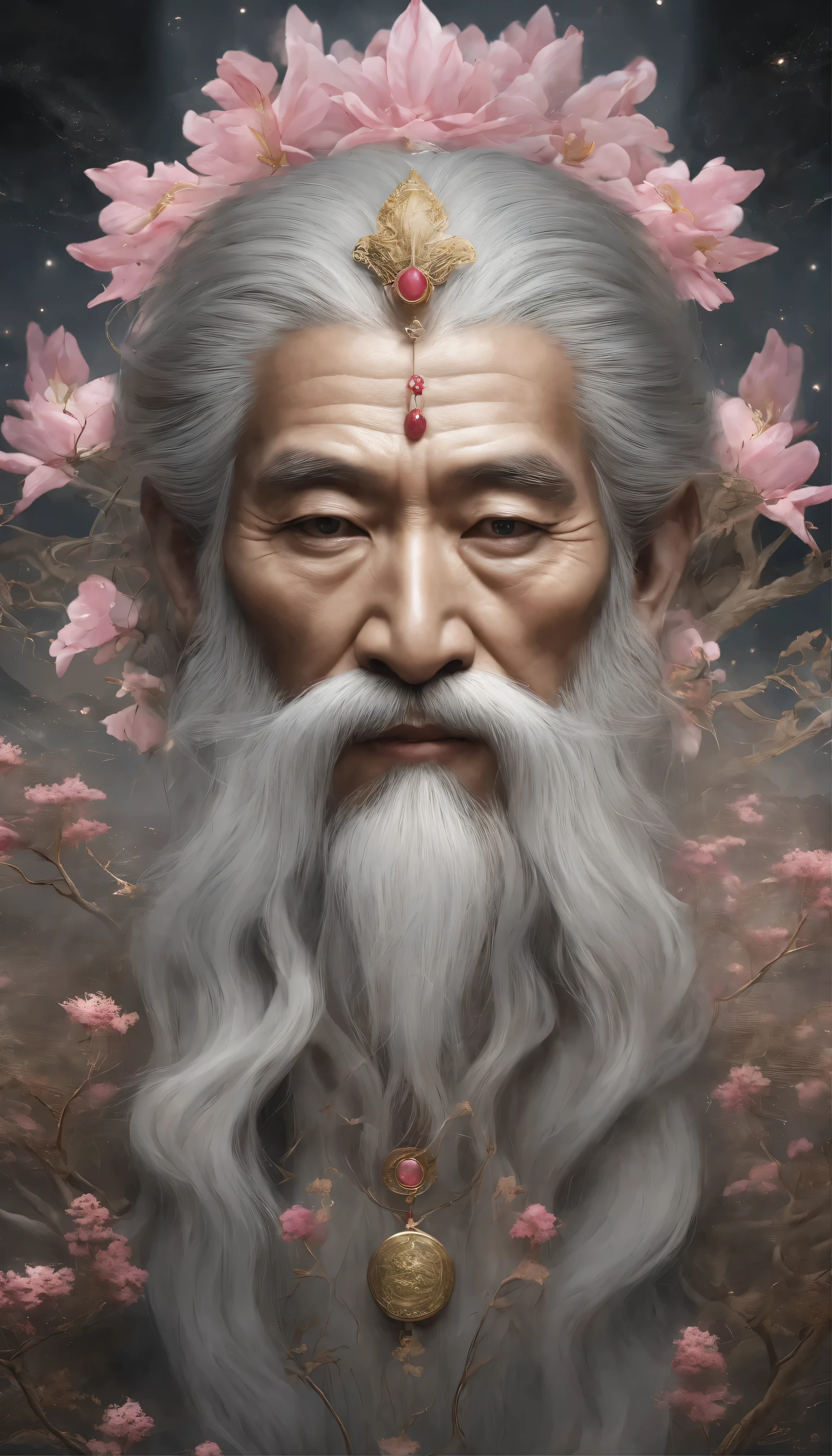 A masterpiece of traditional ink painting、Shining gold in the center、Her long grey hair fluttering、It depicts a wise man adorned with piercing, captivating pink eyes.。This multifaceted man、Showing a mysterious presence、Boasting multiple hands and faces、Each carries the weight of ancient wisdom and the power of enhanced perception.。This composition is、Completed under mostly cloudy and quiet skies.、It suggests a connection between the wise man and the universe.。This work、Rendered with intricate detail and sophisticated technique、Showcasing the beauty of ink artistry in impeccable 8K ultra-high definition