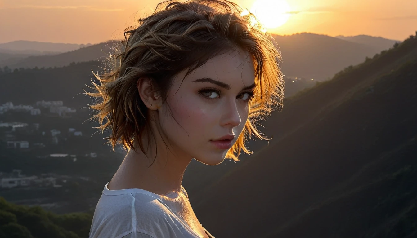(Best quality, 8k, 32k, Masterpiece, UHD:1.2),Photo of Prety young girl, dark blonde short hair,beauty face,(leaning forward:1.3), posing,(from above:1.2),(close up:1.4),pov,loose oversized t-shirt, wet white t-shirt, exposed shoulders, exposed large breasts, saggy boobs, outdoors,windy,shiny skin, grey background, sunset atmosphere,