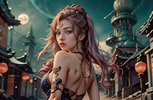 (Ukiyo-e:1.9)、woodblock print、woodblock print、otherscape、SF、Space Opera、(A gunfight between a beautiful female galactic patrolwoman and an Alien:1.5)、Purple clouds gather、Detailed face、Beautiful Eyes、Elegant garments、Intricate floral pattern、Delicate skin、Natural light、A calming color palette、Soft Focus、masterpiece、skimpy leather costume、spaceship、alien、night、mynatalee woman