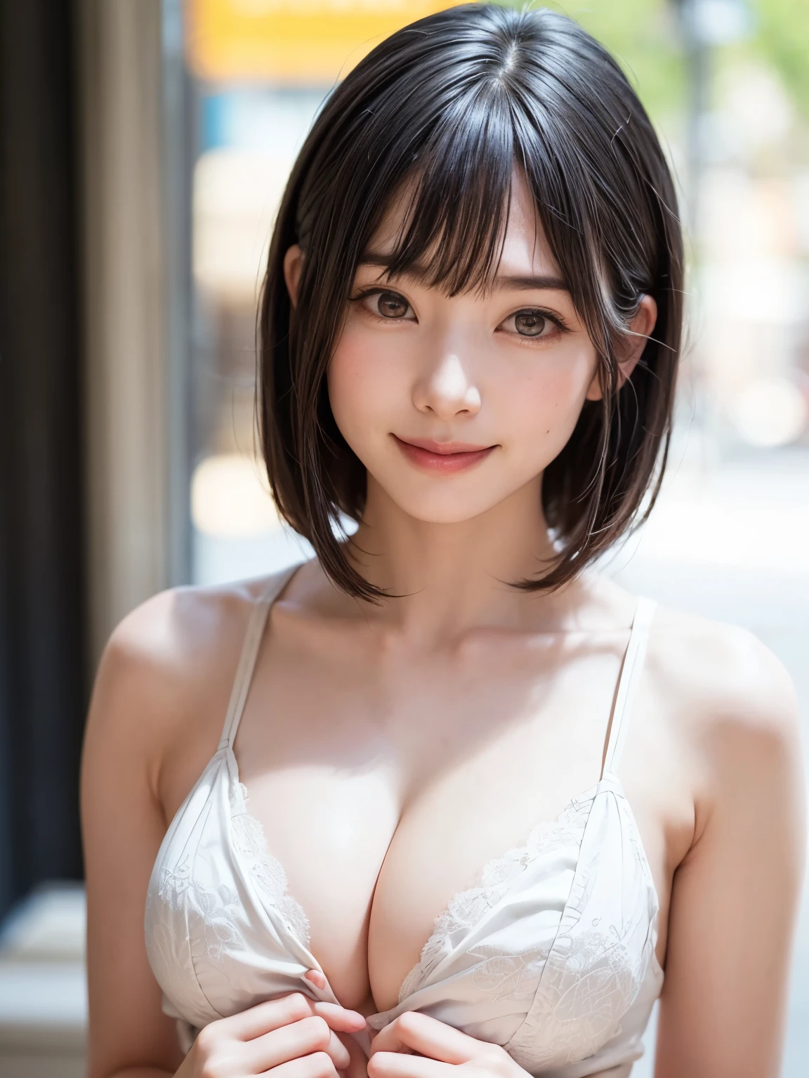 (software:1.8、masterpiece, highest quality),1 girl, alone, hyper Realistic, Realistic,Realistic, Looking at the audience, Light brown eyes:1.4,Brunette Short Bob Hair with highly detailed shiny hair, Brightly colored winter clothes, Lepangas:1.4), Outdoor, Mouth closed, Upper Body、big chest eye、eyelash、{Hugeな|big chest|Hugeなな|Mega} whole :2, chestの谷間:2、(((big chest eye、Short Bob Hair、Highlights from Students、Looking at the audience、She is very beautiful and cute、Show me your ears、Long neck、smile、Close your mouth and smile、Bangs and beautiful teeth)))、Ideal body type、(Nothing is drawn、Very beautiful pure white background:1.6)、美しいLong neck:1.4、(({Huge|big|Hugeな|Mega} chest, chestの谷間:2、Upper Bodyは服を着ていない:1.6))、(((Portraiture:2)))、Perfect Anatomy
