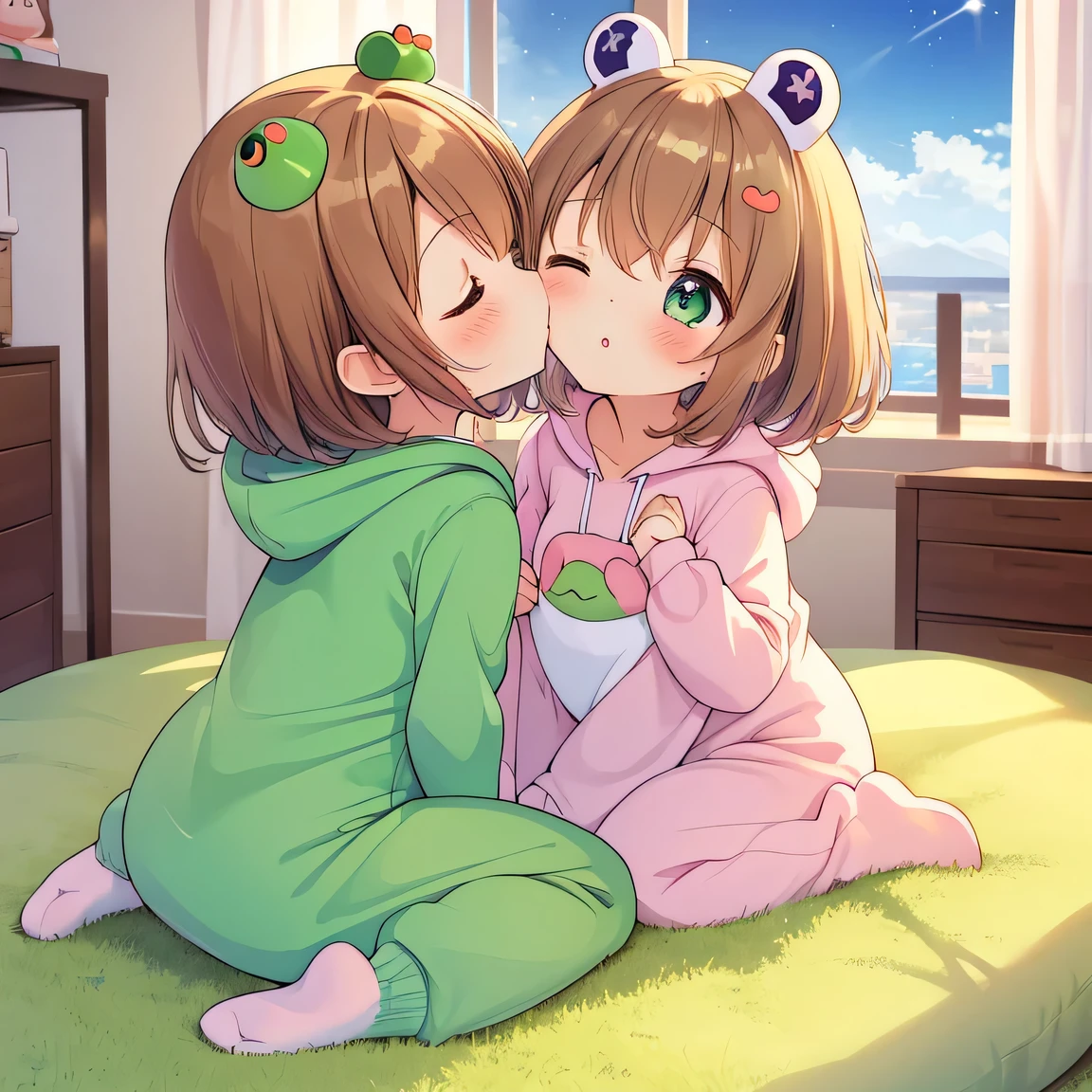 ((masterpiece)), ((best quality)), (ultra-detailed), ((kawaii)), cute, (lovely), illustration, anime style, full body, full body focus, ((chibi)), a cute girl, (bedroom), (frog full-body costume:1.2), (kigurumi), sitting, (beautiful eyes), beautiful light brown hair, short hair, slim, slender, small breast, (incoming kiss:1.3), closed eyes, (looking up:1.2), wariza.