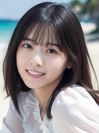 (RAW Photos: 1.2), (Realistic: 1.4), (highest quality: 1.4), Ultra-high resolution, (Fine Eyes),Full body photo,Gravure photo,1. High school girl,(Large Breasts),Black Hair,((White blouse)),Bright Eyes,Blushing,smile,Highly detailed face and skin texture, Healthy Skin,(Beach),8K resolution