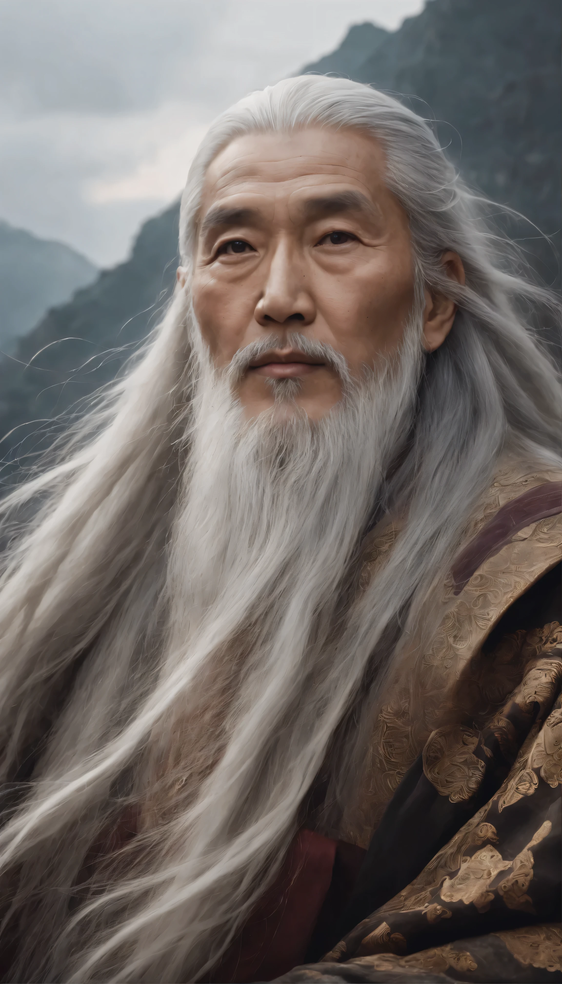 A masterpiece of traditional ink painting、Shining gold in the center、Her long grey hair fluttering、It depicts a wise man adorned with piercing, captivating pink eyes.。This multifaceted man、Showing a mysterious presence、Boasting multiple hands and faces、Each carries the weight of ancient wisdom and the power of enhanced perception.。This composition is、Completed under mostly cloudy and quiet skies.、It suggests a connection between the wise man and the universe.。This work、Rendered with intricate detail and sophisticated technique、Showcasing the beauty of ink artistry in impeccable 8K ultra-high definition