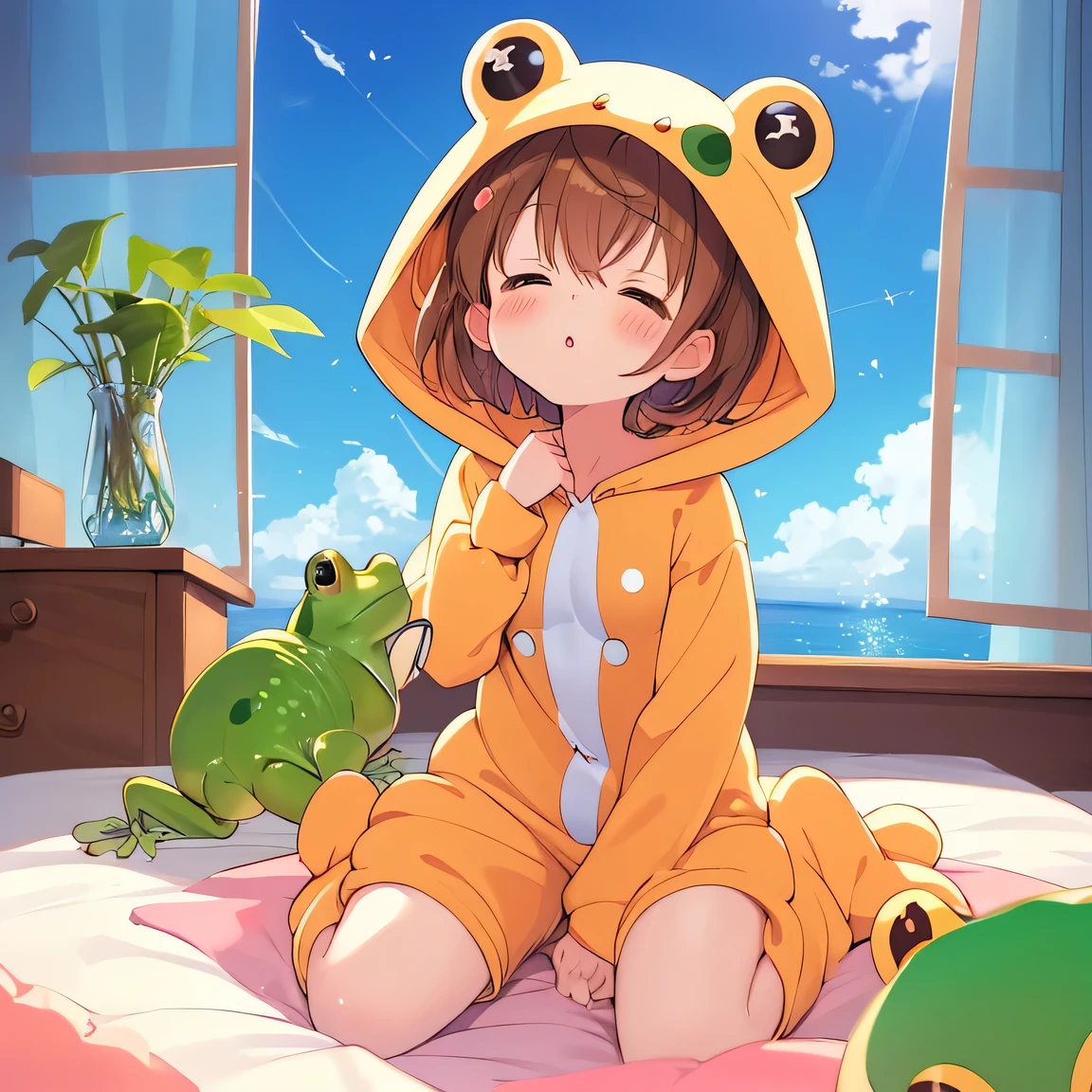 ((masterpiece)), ((best quality)), (ultra-detailed), ((kawaii)), cute, (lovely), illustration, anime style, full body, full body focus, ((chibi)), a cute girl, (bedroom), (frog full-body costume:1.2), (kigurumi), sitting, (beautiful eyes), beautiful light brown hair, short hair, slim, slender, small breast, (incoming kiss:1.3), closed eyes, (looking up:1.2), wariza.