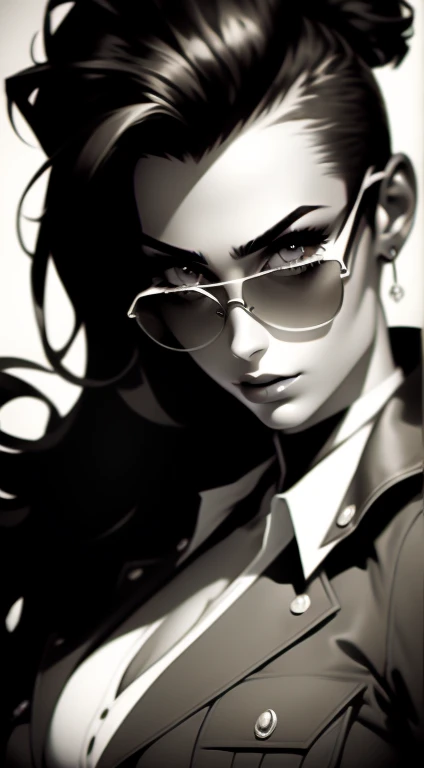 Beautiful 20yr old girl, brunette hair in messy fauxhawk, detailed, toned body, femme fatale, Noir et blanc, monochrome, looking at viewer, military uniform, glasses
