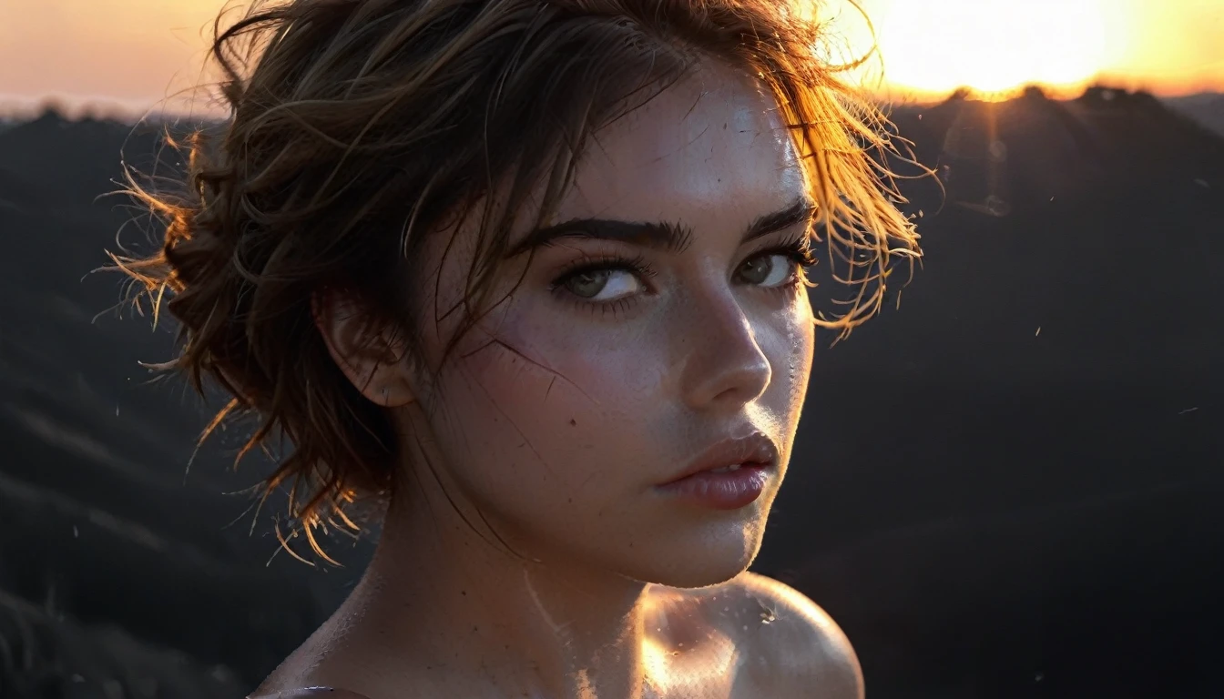 (Best quality, 8k, 32k, Masterpiece, UHD:1.2),Photo of Prety young girl, dark blonde short hair,beauty face,(leaning forward:1.3), posing,(from above:1.2),(close up:1.4),pov,loose oversized t-shirt, wet white t-shirt, exposed shoulders, exposed large breasts, saggy boobs, outdoors,windy,shiny skin, grey background, sunset atmosphere,