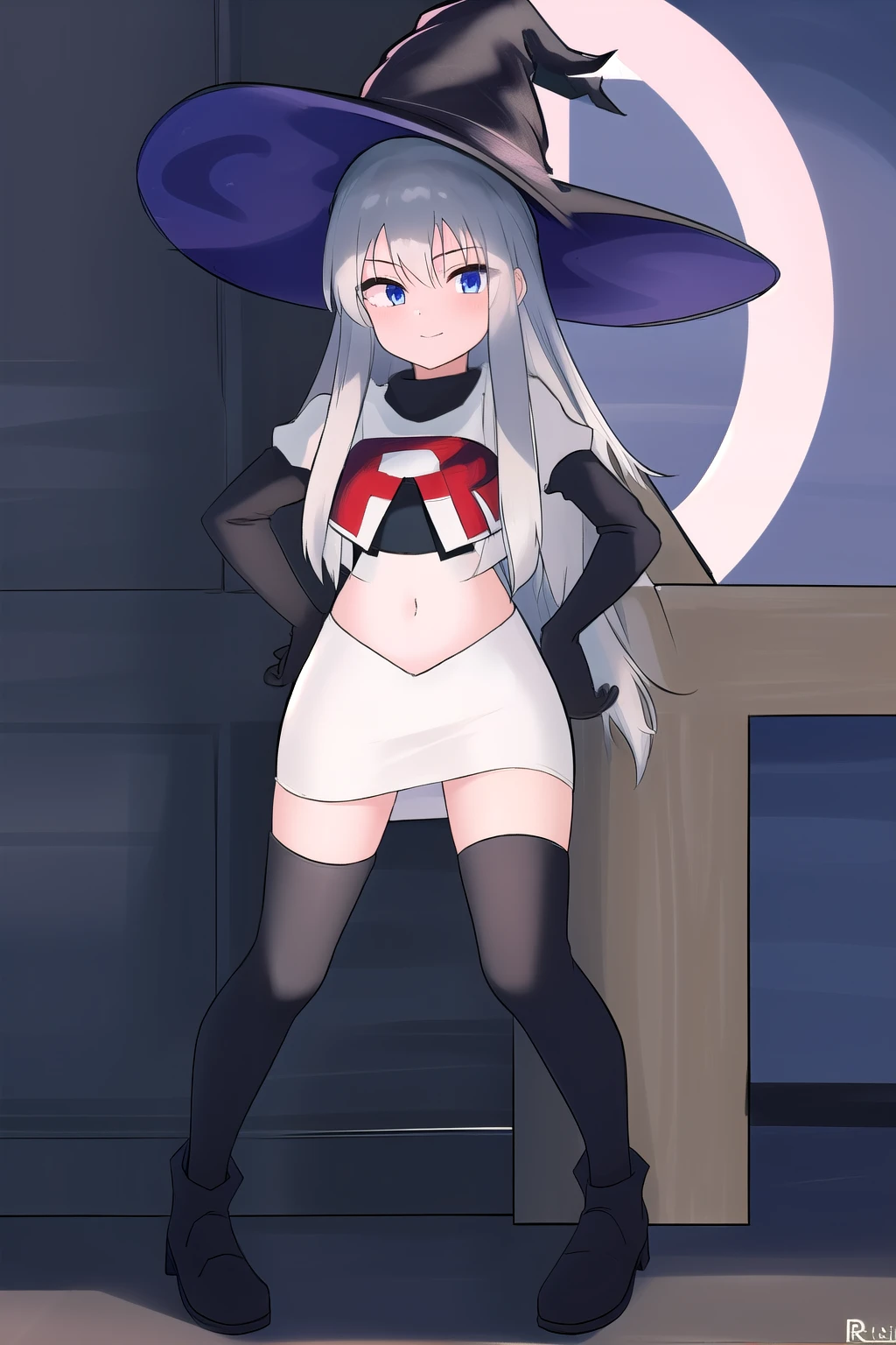 best quality, highly detailed, masterpiece, ultra-detailed, witch_hat, hat, 1girl, long_hair, solo, team rocket,team rocket uniform,white skirt,red letter R,crop top,black thigh-highs,black elbow gloves,looking_at_viewer, witch,