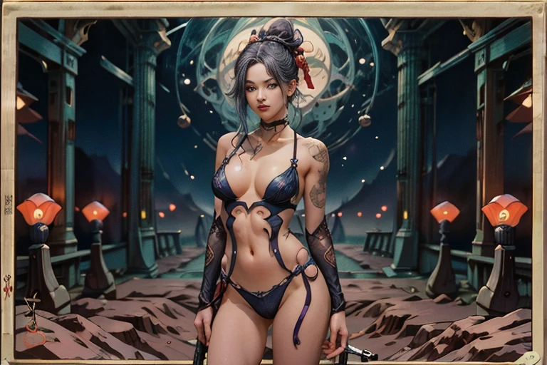 (Ukiyo-e:1.9)、woodblock print、woodblock print、otherscape、SF、Space Opera、(A gunfight between a beautiful female galactic patrolwoman and an Alien:1.5)、Purple clouds gather、Detailed face、Beautiful Eyes、Elegant garments、Intricate floral pattern、Delicate skin、Natural light、A calming color palette、Soft Focus、masterpiece、skimpy leather costume、spaceship、alien、night、mynatalee woman