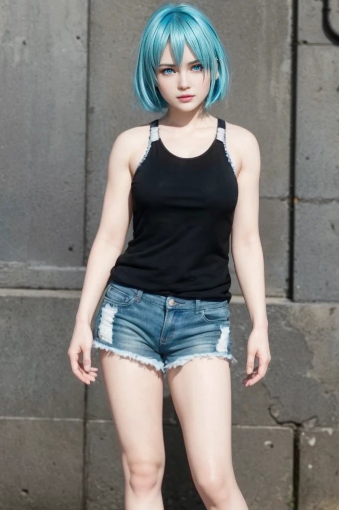 Nico, blue hair, light blue eyes, (best quality, ultra-detailed), (realistic:1.37), beautiful and detailed face, ultra-realistic texture, delicate face, delicate body, red lipstick, bright colors. High definition, 8K, well defined legs