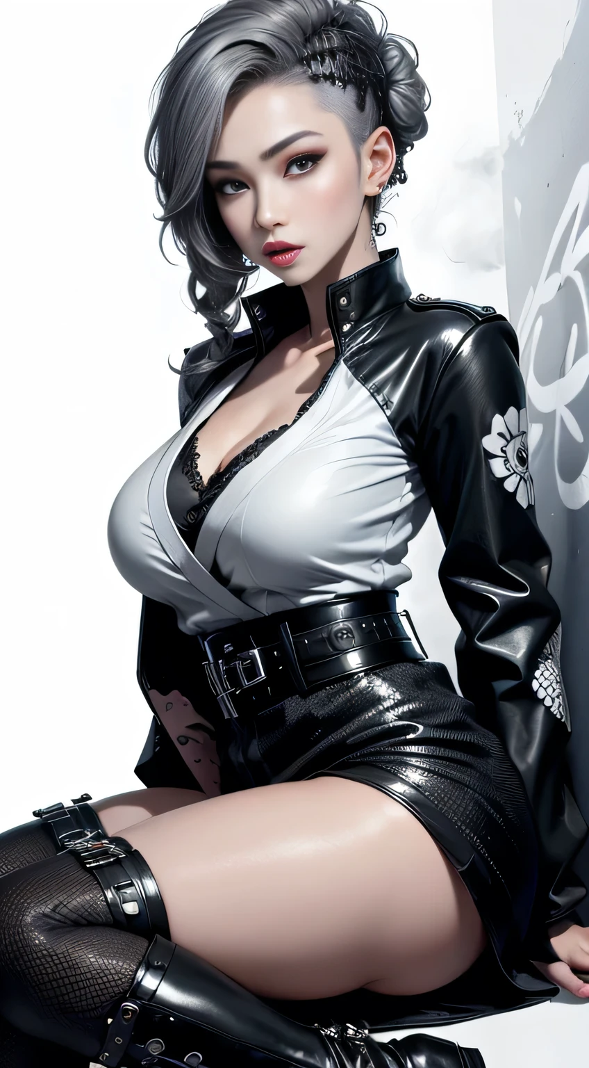 ((((masterpiece, best quality, high resolution)))), latex bikesuit, (1girl:1.5), (large breasts: 1.2), solo, cleavage, white hair, bob cut, purple eyes, looking at viewer,  white background, simple background, arms behind back, cowboy shot, white hair, bob cut, full-length zipper, open clothes, open chest