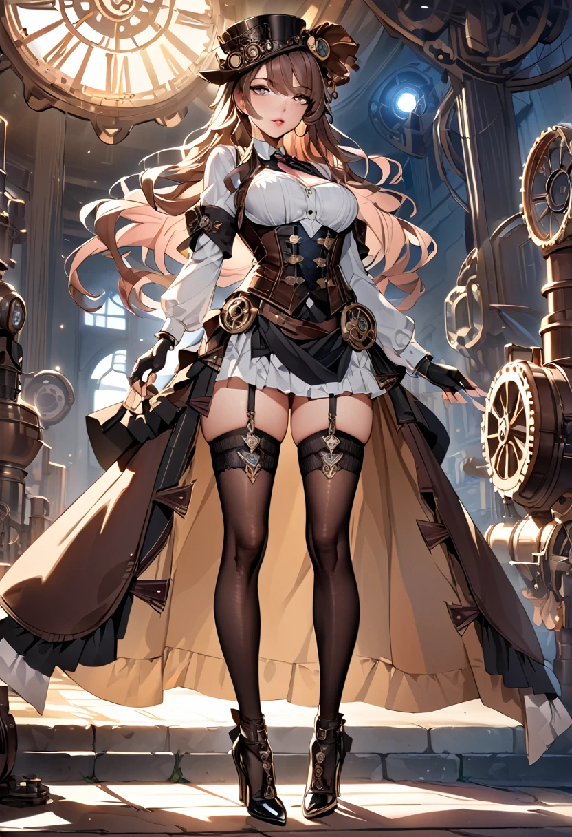 masterpiece、highest quality、Ultra-high resolution、Maximum resolution、Very detailed、Professional Lighting、anime、woman、thin、so beautiful、Steampunk costumes、Garter Stockings、High heels，Revolver equipment、Grey Eyes、Brown Hair、long hair、Fingerless Gloves、Beautiful eyes、Pink Lips、Gloss Lip、Are standing