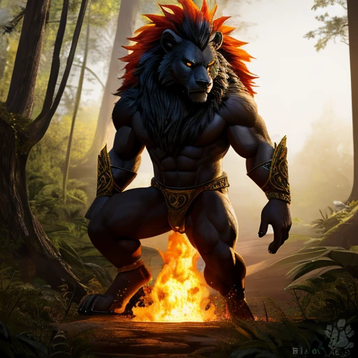 Black lion, full body, muscular, regal pose, powerful stance, 3D render, male solo, intricate fur texture, beady yellow eyes, realistic, masterpiece, highest quality, dramatic lighting, striking, bold, detailed face and body, dominating presence, forest scene, lush vegetation, piercing gaze, intimidating, fearless, expressive, emanating confidence. (By blackbear from e621, best quality, ultra detailed, stunning anatomy, captivating, fiery mane, sinister yet beautiful, in the wild)