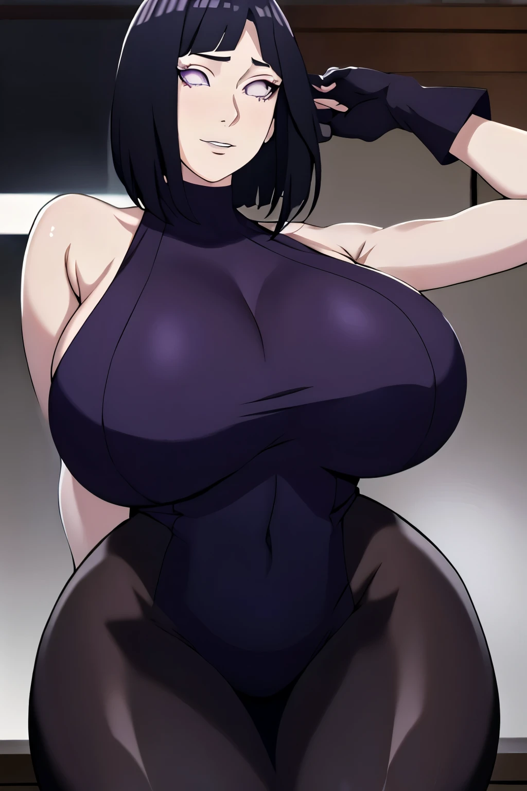 masterpiece,full body,naughty face_absurdres, hinata\(boruto\), 1girl, solo,mature female, minidress, perfect composition, detailed lips, gigantic breast, beautiful face, body propotion, short hair, purple eyes, soft gaze, super realistic, detailed, photoshoot, realistic face and body, black turtleneck, (gigantic breasts: 1.1), curvy, cowboy shot, bare shoulders, seductive smile, inside, nightclub, cleavage, (gigantic breasts: 1.4)