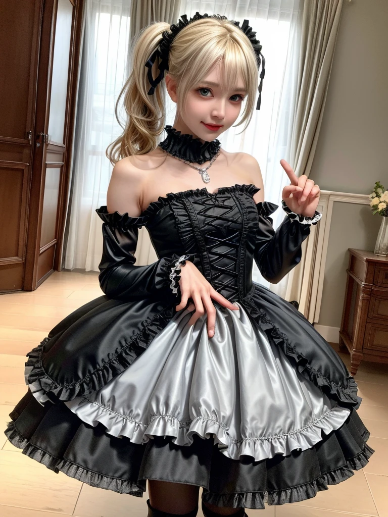 (8K, Photorealistic, Raw photo, of the highest quality: 1.3), (1girl in), Super beautiful, (Realistic face), (boyish, Silver Color Berry Shorthair), Beautiful , Glare that captivates the viewer, Beautiful expression, Beautiful breasts, (Realistic skin), Be...Super high quality, super high definition, super detailed, masterpiece, 20years old, female, cute, perfect face, beautiful, gothic lolita clothes, gothic lolita fashion, frilly skirt, headdress, necklace, bracelet, knee-high socks, boots, double eyelids, tear bags, Detailed down to the fingers, photo-like description, indoors, dim indoor lighting, blonde hair, pony tail, standing, whole body, composition that shows the whole body, smiling,Optimal ratio of 4 fingers and 1 thumb