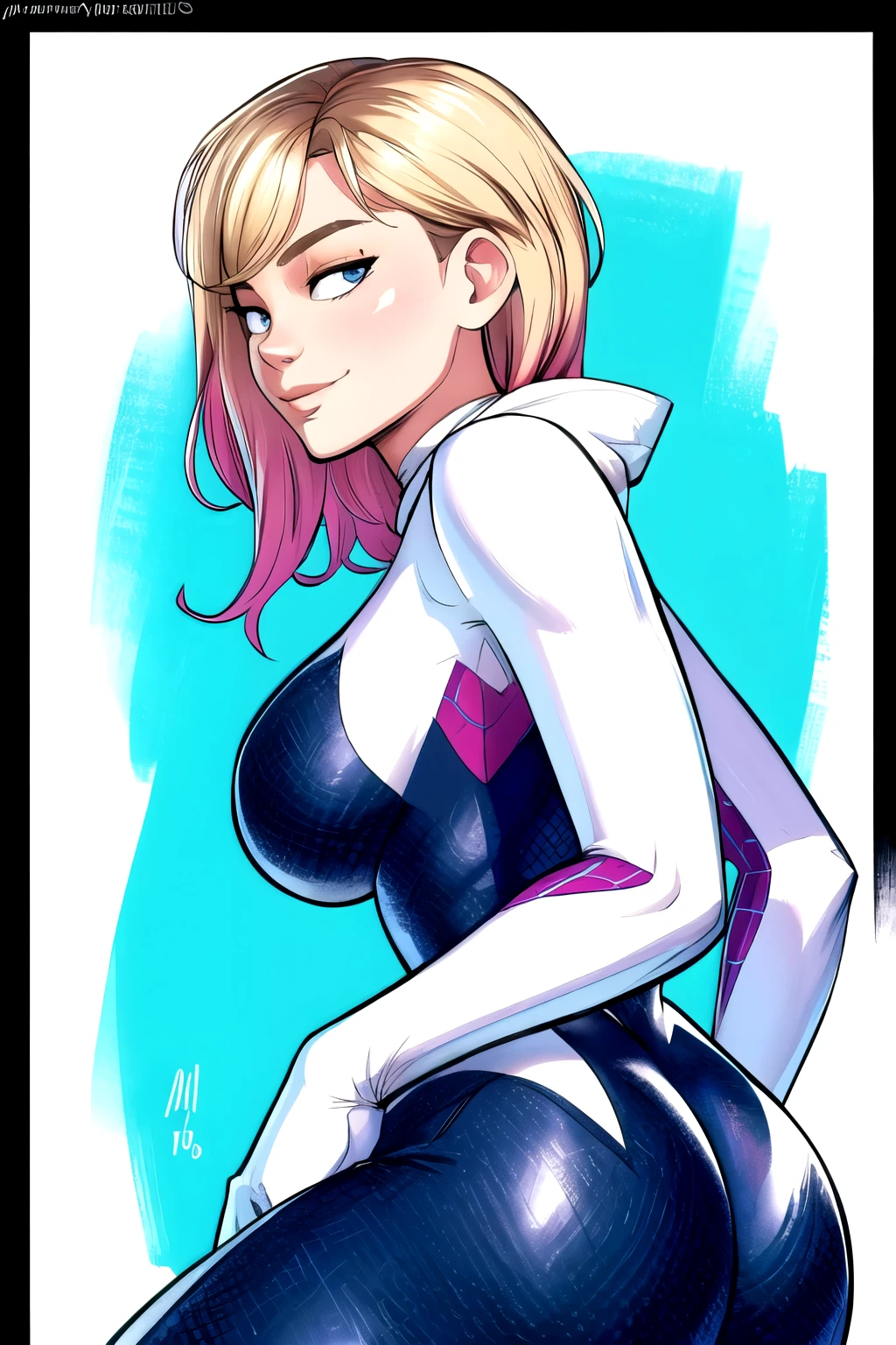 (masterpiece, top quality, best quality, official art, beautiful and aesthetic:1.2),highly detailed face,1girl,gwen_stacy, (portrait:1.3),spider-gwen suit , bodysuit ,thick wiast,big ass, superhero,(extremely detailed,highres, highest detailed,8k,absurdres,CG),happy,full body pose,cowboy shot,grab breast,smirk,cute smile