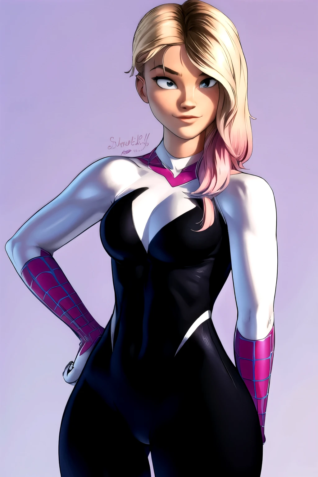 (masterpiece, top quality, best quality, official art, beautiful and aesthetic:1.2),highly detailed face,1girl,gwen_stacy, (portrait:1.3),spider-gwen suit , bodysuit ,thick wiast,big ass, superhero,(extremely detailed,highres, highest detailed,8k,absurdres,CG),happy,full body pose,cowboy shot,grab breast,smirk,cute smile
