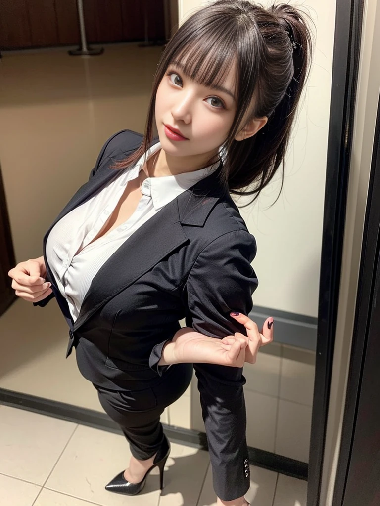 Beautiful woman, 25 years old, high ponytail, bright purple hair, perfect purple hair, Beautiful breasts, (Realistic skin),elegant upper class wearing a black pantsuit, black jacket, white shirt, cleavage visible, black pumps, and a business shirt. Elite secretary, working in the office, wearing a strict business suit, pantsuit style, wearing luxury high heels, girl wearing a shirt, wearing a business suit, wearing a business suit, black nail art, business Wearing a suit, Businessman, Business clothes, Wearing a black business suit, Wearing a white shirt and black jacket, Woman in a business suit, Business suit, Business attire, Raw photo, (8K, highest quality, Masterpiece: 1.2), (Complex Detail: 1.4), (Photoreal: 1.4), Octane Rendering, Complex 3D Rendering Super Detail, Studio Soft Light, Rim Light, Vibrant Detail, Super Detail, Realistic Skin texture, surface details, beautifully detailed eyes, highly detailed CG Unity 16k wallpaper, supplement, (detailed background:1.2),