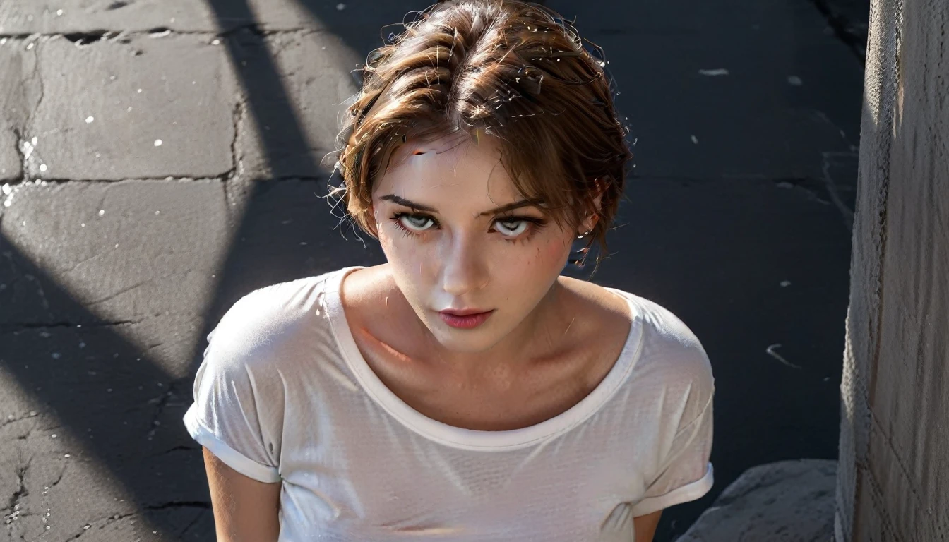 (Best quality, 8k, 32k, Masterpiece, UHD:1.2),Photo of Prety young girl, dark blonde short hair,beauty face,(leaning forward:1.3), posing,(from above:1.2),(close up:1.4),pov,loose oversized t-shirt, wet white t-shirt, exposed shoulders, exposed large breasts, saggy boobs, outdoors,windy,shiny skin, grey background, sunset atmosphere, perfect eyes