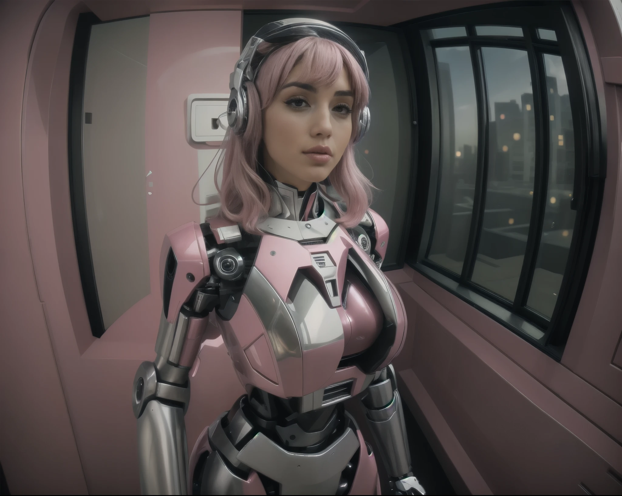 fisheye view, door fisheye pov, grand angular, ana de armas as your cosplayer girlfriend, using a robot suit, larger breasts, ana de armas, silver suit, crhome shinny skin, mechanical joints, medium straight hair, pink pastel hair, blunt bangs , parted lips , mecha musume, futuristic headset, stand up, await comands position, condo corridor, window on the left side, elevator door on background, thicc body, small height