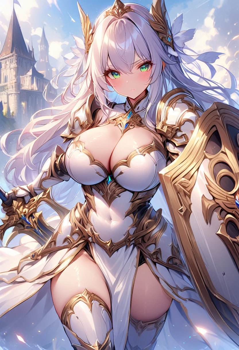 masterpiece,best quality, knight, long hair, silver hair, green eyes,((1girl)), (white_armor), golden ornaments, sword, shield, ((holding sword)), ((big breasts)), exposed belly, 1girl, cleavage, legs exposed, ((shield-over_arm)), ((Perfect face)),add_detail:1, add_detail:0, add_detail:0.5, ((Sword and shield))
